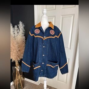 Frontier Collection Phoenix USA Denim Beaded Leather detail Chore Coat sz Large